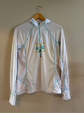 Athleta White Sun Shirt with Aqua and Lime Pattern hoodie yoga Size medium